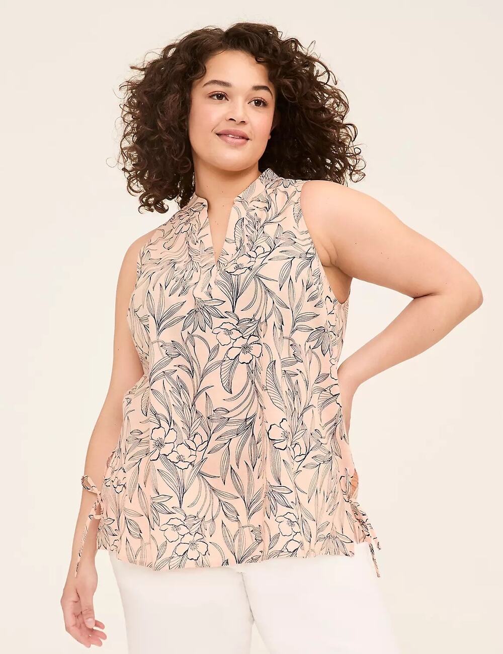 Lane Bryant Side-Tie Notch-Neck Popover Tank in Peach Floral Plus Size 18